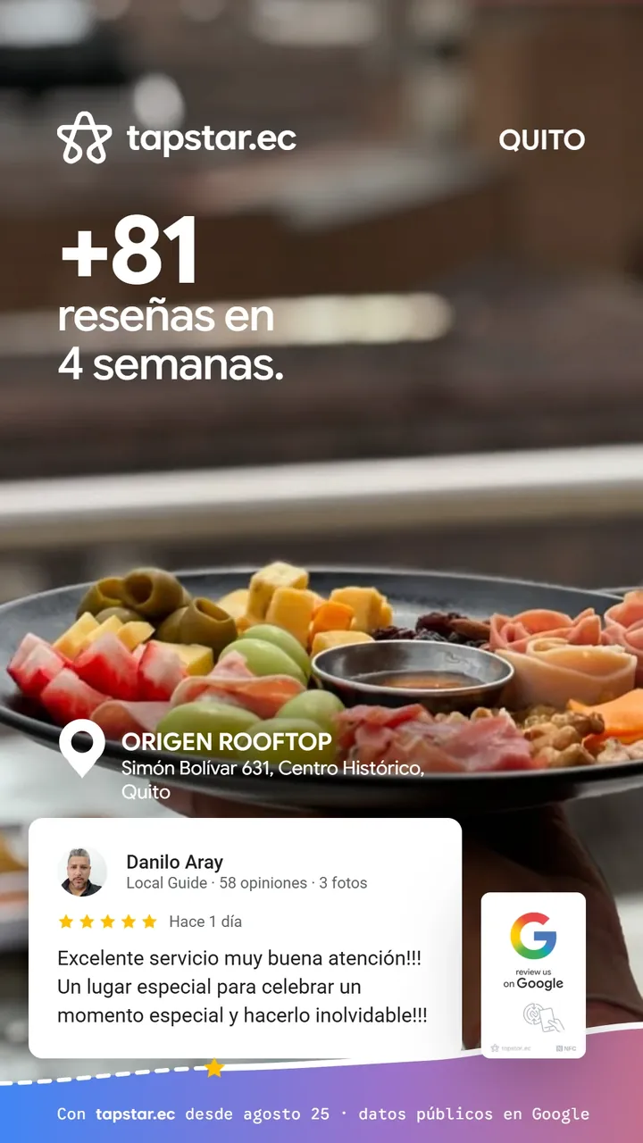 ORIGEN ROOFTOP, Quito: +81 reseñas en Google en 4 semanas con Tapstar