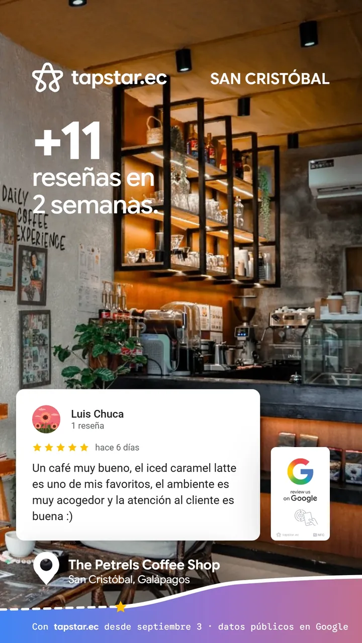 The Petrels Coffee Shop, San Cristóbal: +11 reseñas en Google en 2 semanas con Tapstar