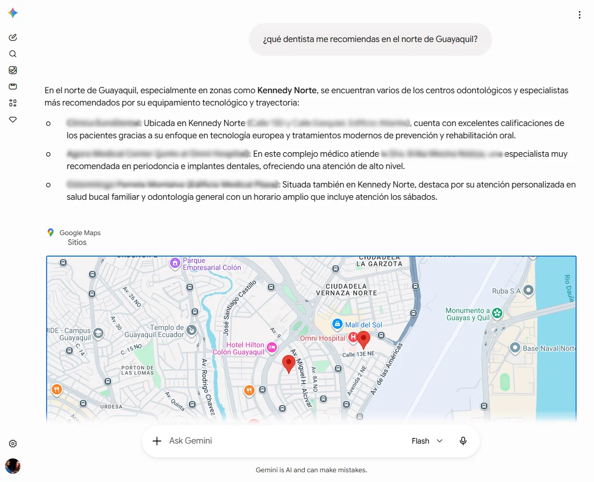 Respuesta de Gemini a «qué dentista me recomiendas en el norte de Guayaquil», con tres consultorios recomendados (nombres difuminados) y el mapa de la zona