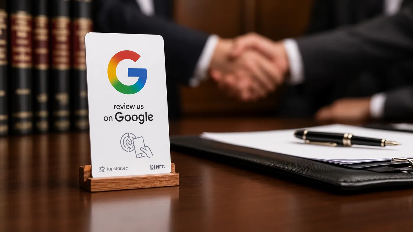 Abogado en Ecuador despidiendo a un cliente aliviado en su oficina, con una tarjeta Tapstar sobre el escritorio para dejar una reseña en Google.