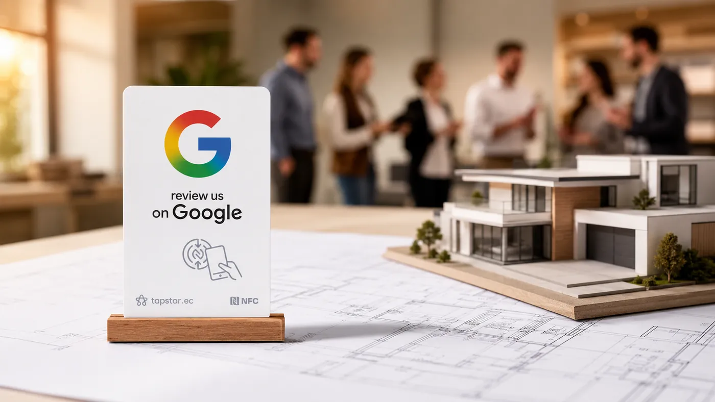 Arquitecto mostrando un espacio interior terminado a un cliente encantado en Ecuador, con una tarjeta Tapstar sobre la mesa de diseño para dejar una reseña en Google.