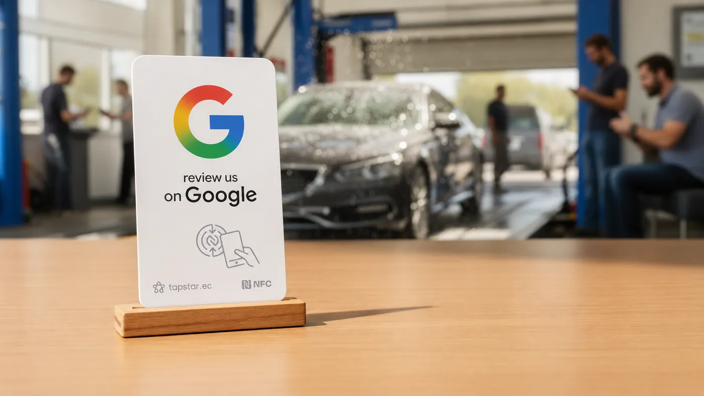 Cliente recibiendo su carro brillante en un autolavado en Ecuador y dejando una reseña en Google con un toque a una tarjeta Tapstar mientras el equipo termina los detalles.