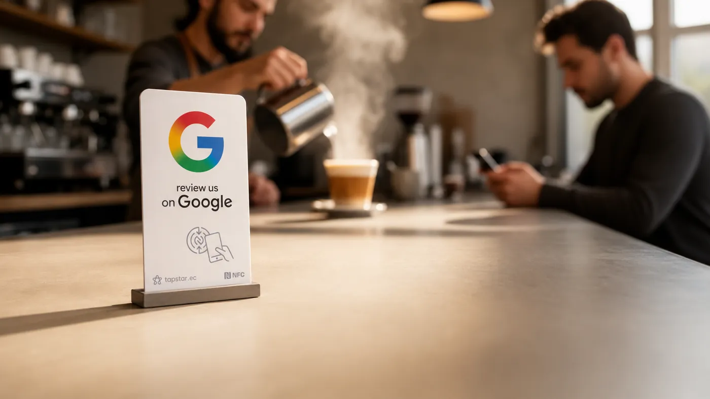 Cliente dando un toque con su celular a una tarjeta Tapstar en el mostrador de una cafetería ecuatoriana mientras espera su café.