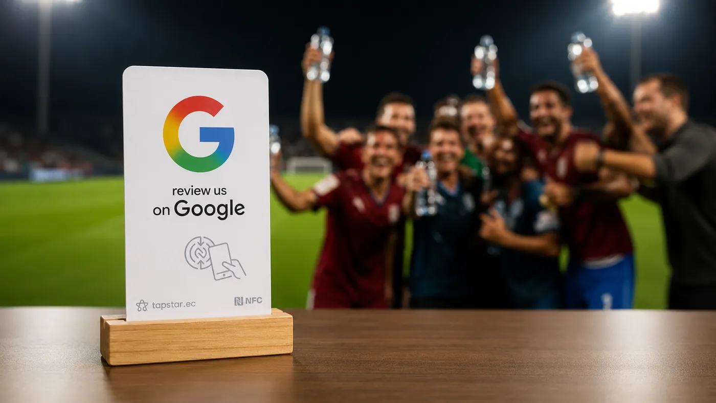 Grupo de amigos sudados y felices al final de un partido en una cancha sintética iluminada en Ecuador, dejando una reseña en Google con un toque a una tarjeta Tapstar.