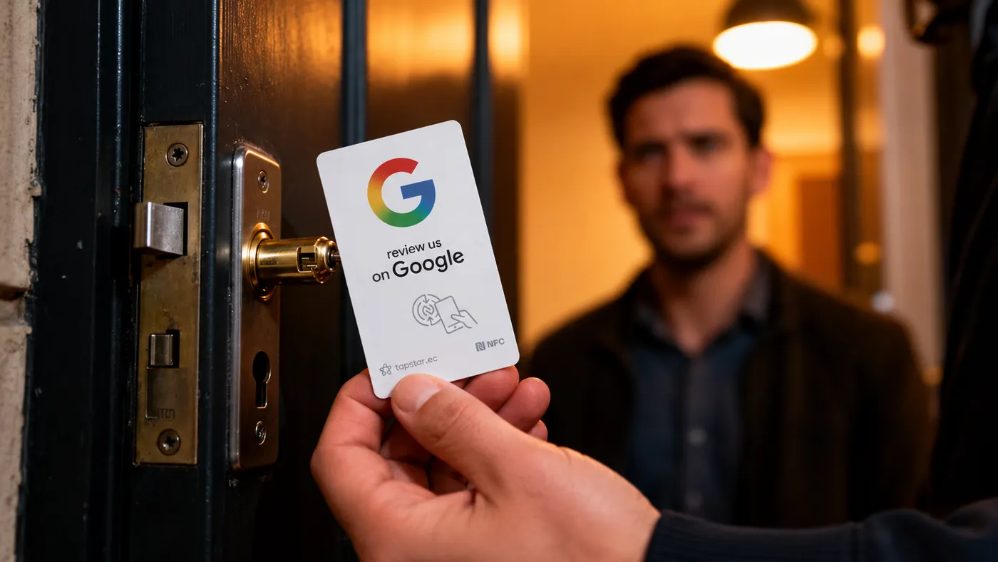 Cerrajero en Ecuador abriendo la puerta a una clienta aliviada afuera de su casa, con una tarjeta Tapstar para dejar una reseña en Google.