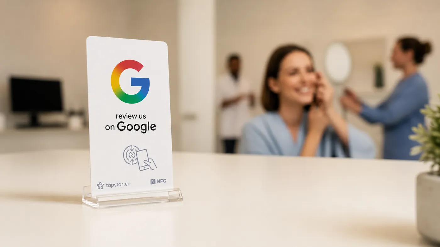 Paciente feliz en una consulta de control en una clínica estética moderna en Ecuador, dejando una reseña en Google con discreción junto a una tarjeta Tapstar.