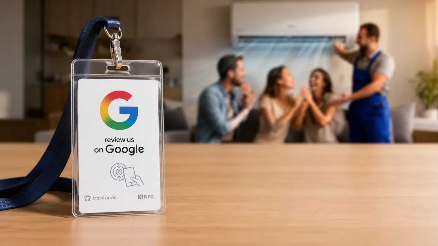 Técnico de climatización en Ecuador probando un aire acondicionado recién instalado ante una familia aliviada por el frío, con una tarjeta Tapstar para dejar una reseña en Google.