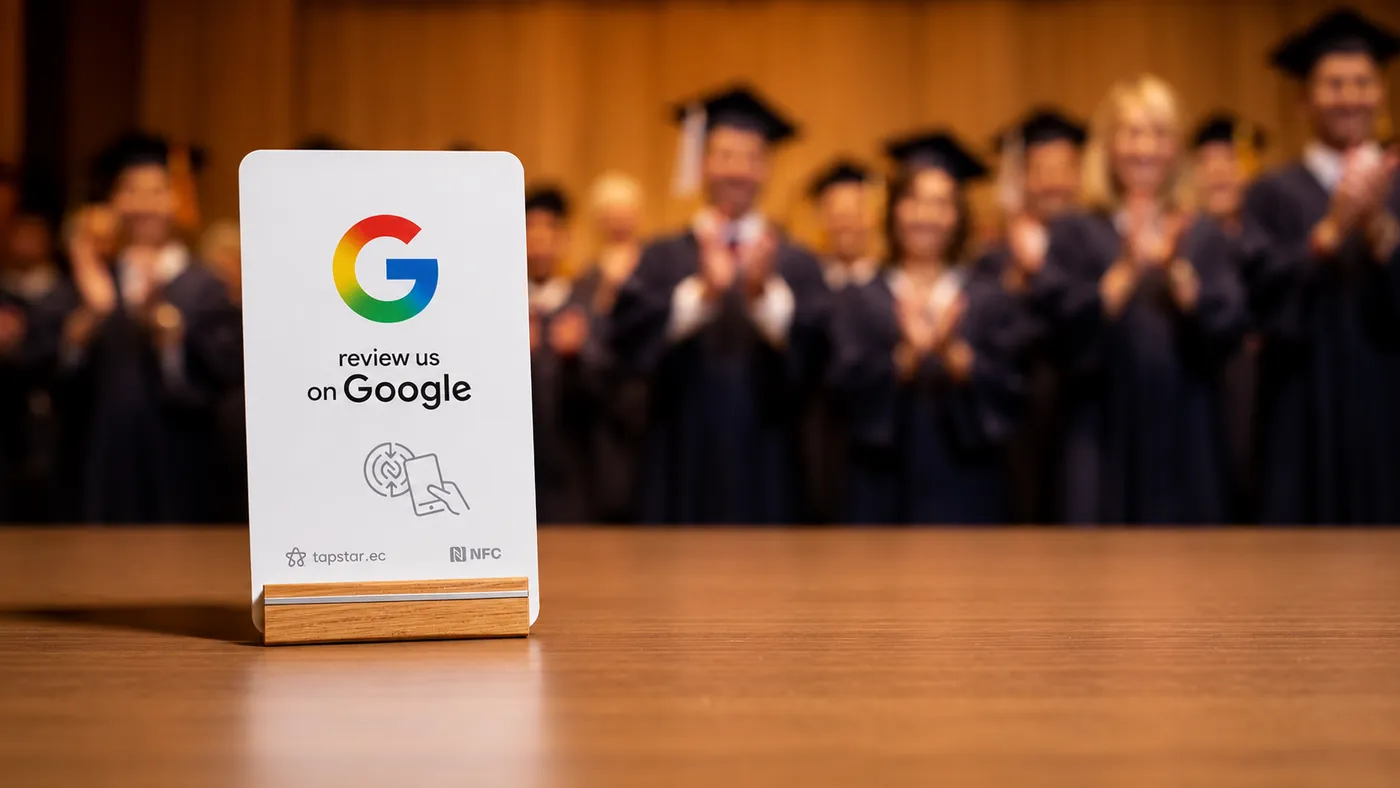 Padres orgullosos en una graduación escolar en Ecuador dejando una reseña en Google del colegio con un toque a una tarjeta Tapstar.