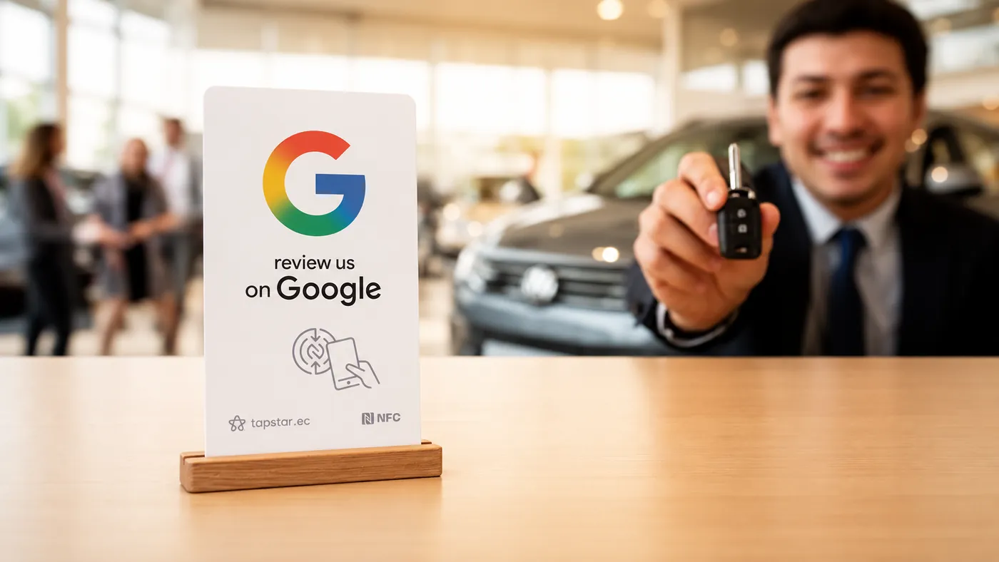 Cliente recibiendo las llaves de su auto en un patio de autos en Ecuador, dejando una reseña en Google junto a una tarjeta Tapstar; sala de ventas luminosa.