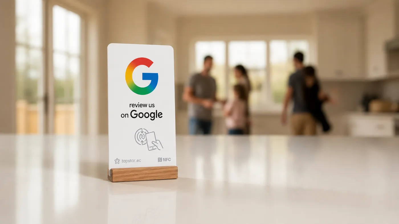 Familia feliz recibiendo las llaves de su casa recién remodelada de manos del contratista en Ecuador, con una tarjeta Tapstar para dejar una reseña en Google.