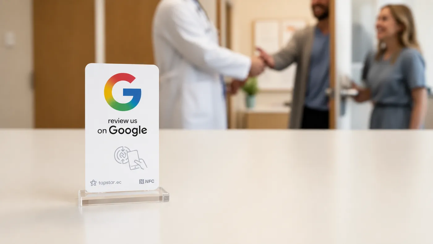 Médico especialista despidiendo a un paciente agradecido en la recepción de un consultorio en Ecuador, con una tarjeta Tapstar para dejar una reseña en Google.