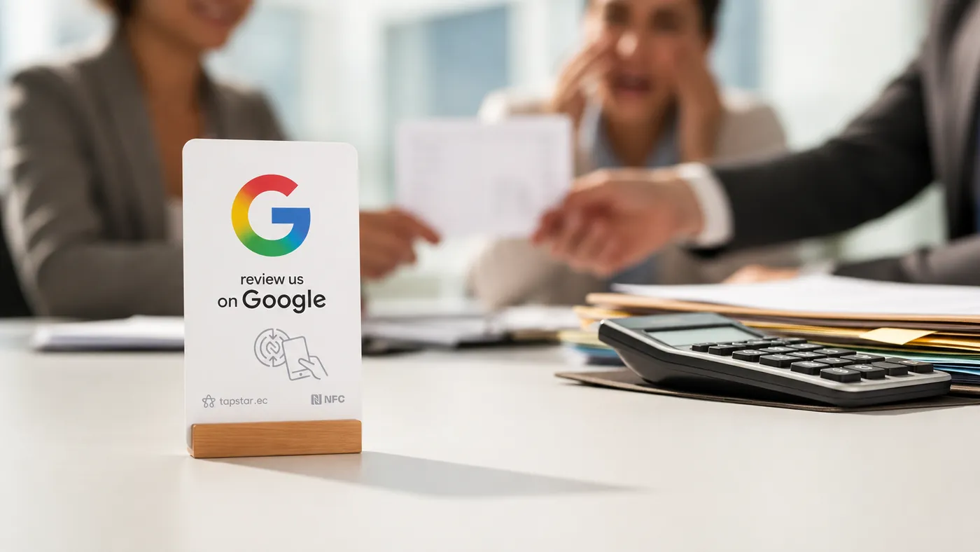 Contador en Ecuador entregando resultados a un cliente aliviado en una oficina ordenada, con una tarjeta Tapstar sobre el escritorio para dejar una reseña en Google.