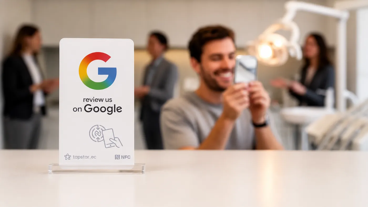 Paciente sonriente en la recepción de un consultorio dental moderno en Ecuador, dando un toque a una tarjeta Tapstar para dejar una reseña en Google.