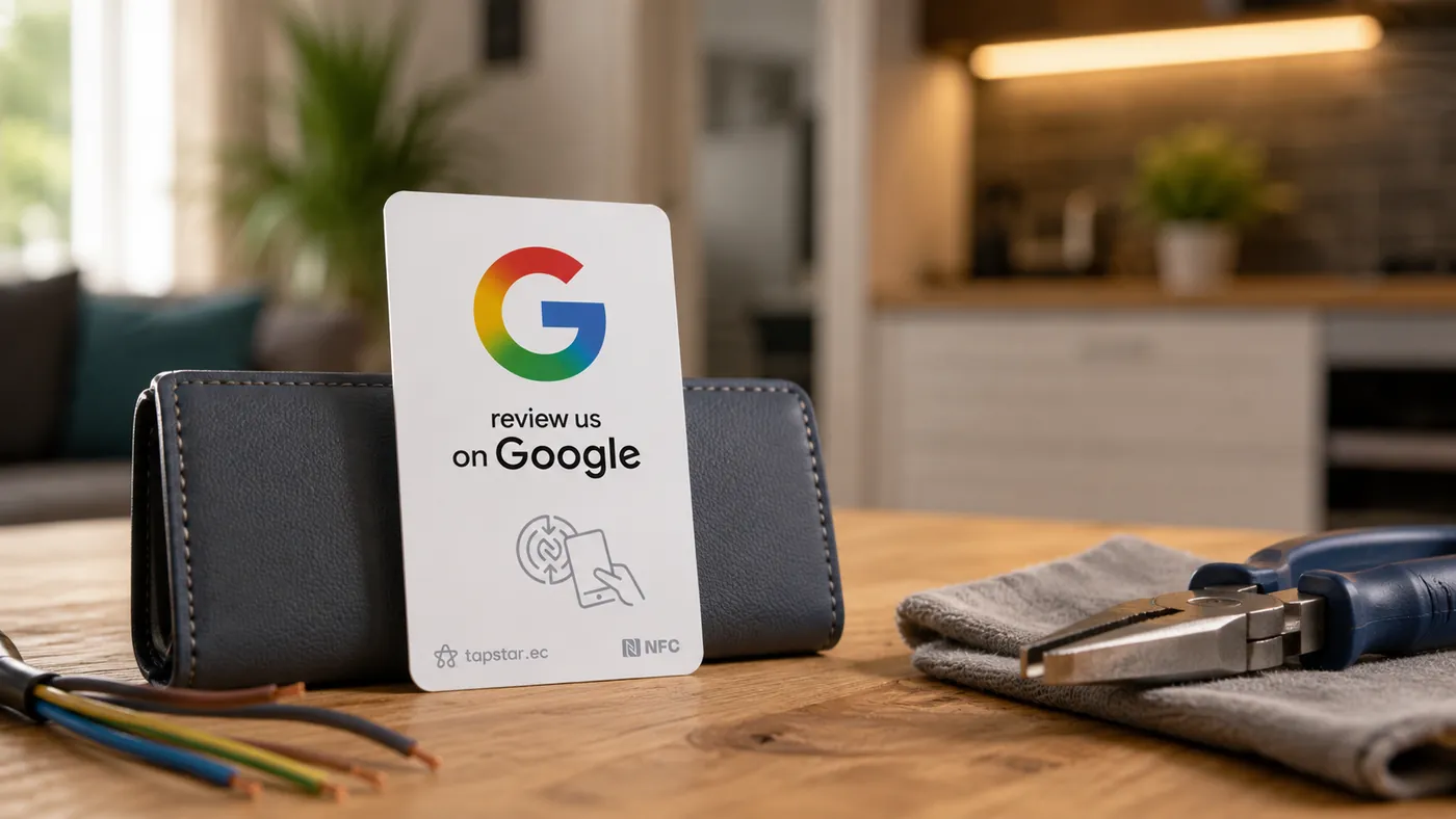 Electricista en Ecuador encendiendo las luces de una casa ante una familia satisfecha, con una tarjeta Tapstar para dejar una reseña en Google.