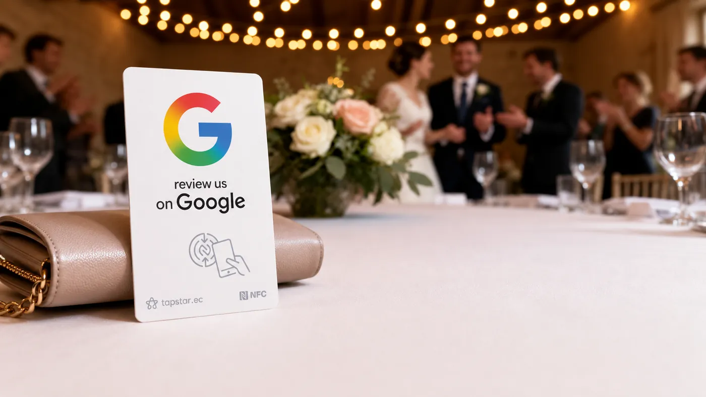 Novios agradeciendo al coordinador al final de una boda elegante en un salón de eventos en Ecuador, con una tarjeta Tapstar para dejar una reseña en Google.