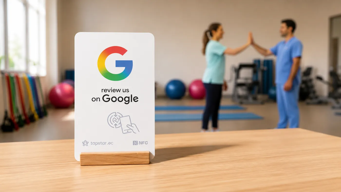 Paciente celebrando con su fisioterapeuta el día del alta en una clínica de rehabilitación en Ecuador, dejando una reseña en Google junto a una tarjeta Tapstar.