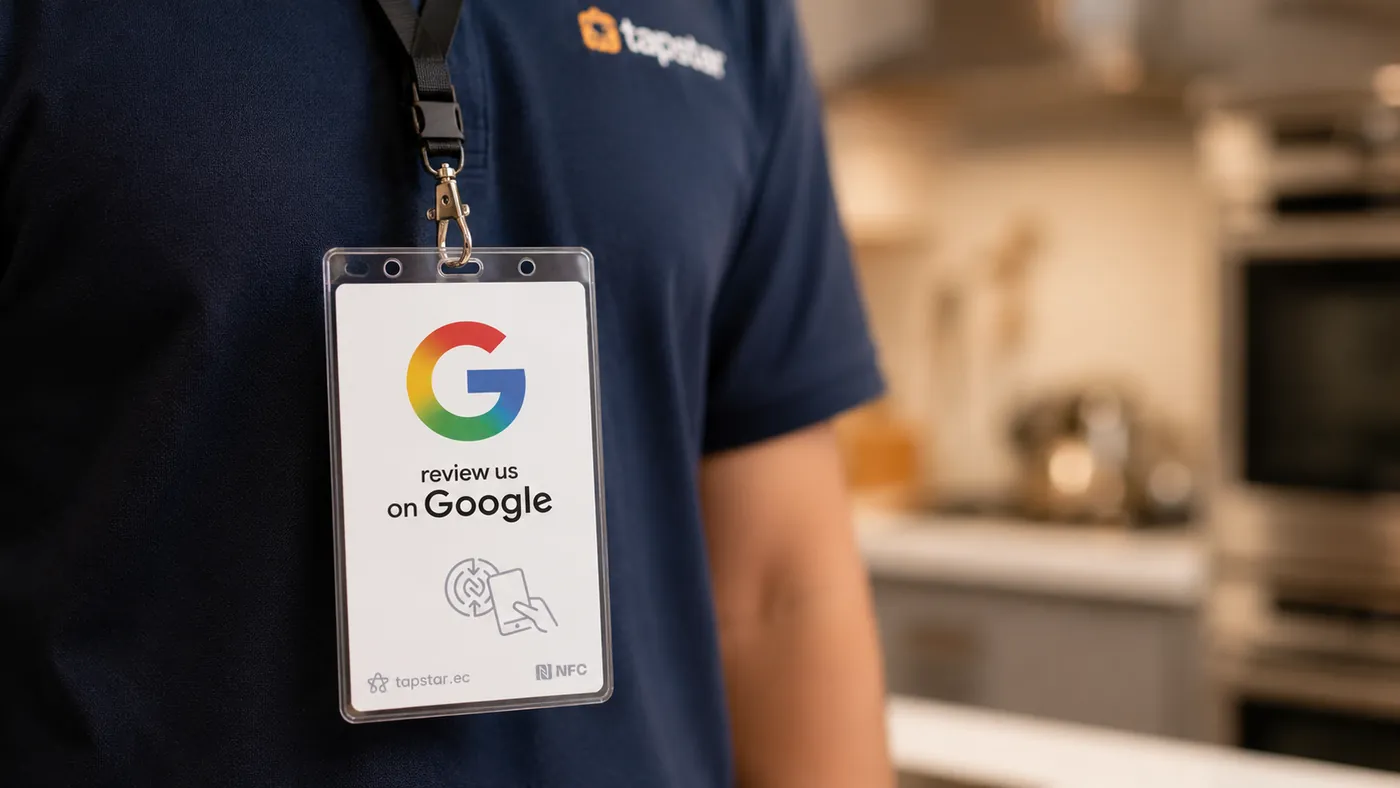 Técnico de control de plagas en Ecuador finalizando una inspección en una cocina impecable, con una clienta tranquila y una tarjeta Tapstar para dejar una reseña en Google.