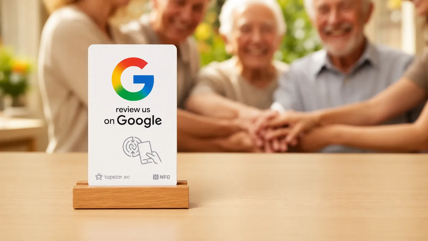 Familia visitando a su padre sonriente en un centro geriátrico cálido y luminoso en Ecuador, con una tarjeta Tapstar en recepción para dejar una reseña en Google.