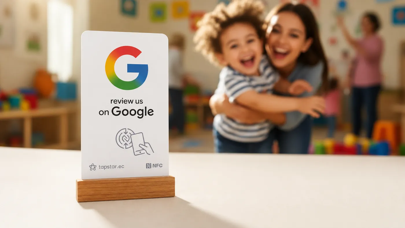 Mamá recogiendo a su hijo feliz en una guardería colorida en Ecuador, con una tarjeta Tapstar en la entrada para dejar una reseña en Google.