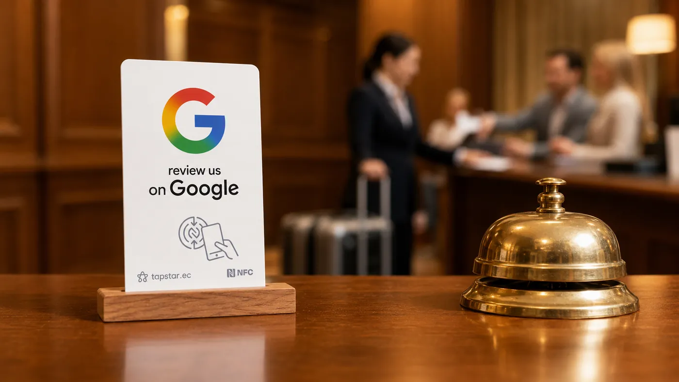 Huésped haciendo check-out en la recepción de un hotel ecuatoriano, dejando una reseña en Google con un toque a una tarjeta Tapstar.
