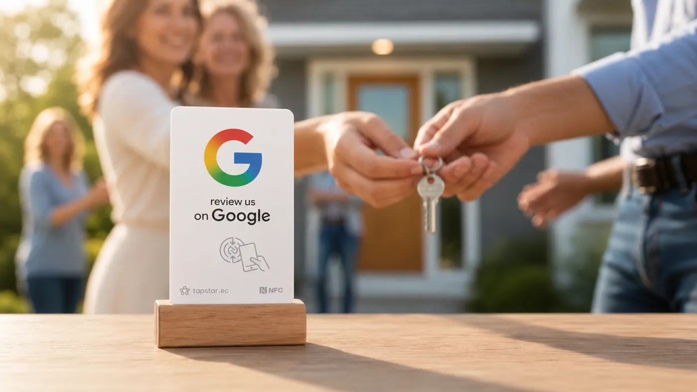 Agente inmobiliario en Ecuador entregando las llaves de una casa a una pareja feliz que deja una reseña en Google junto a una tarjeta Tapstar.