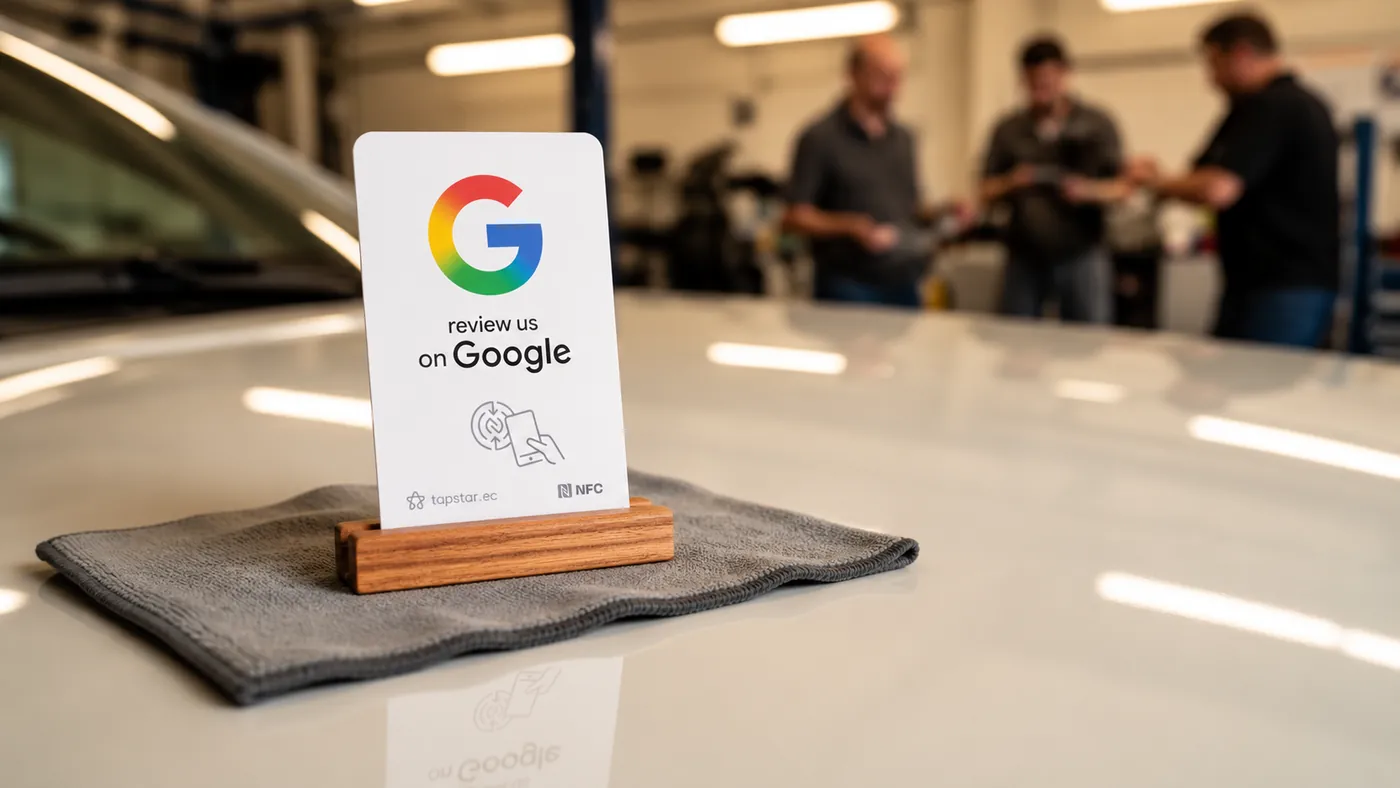 Cliente sorprendido viendo su carro reparado como nuevo en un taller de latonería y pintura en Ecuador, dejando una reseña en Google junto a una tarjeta Tapstar.