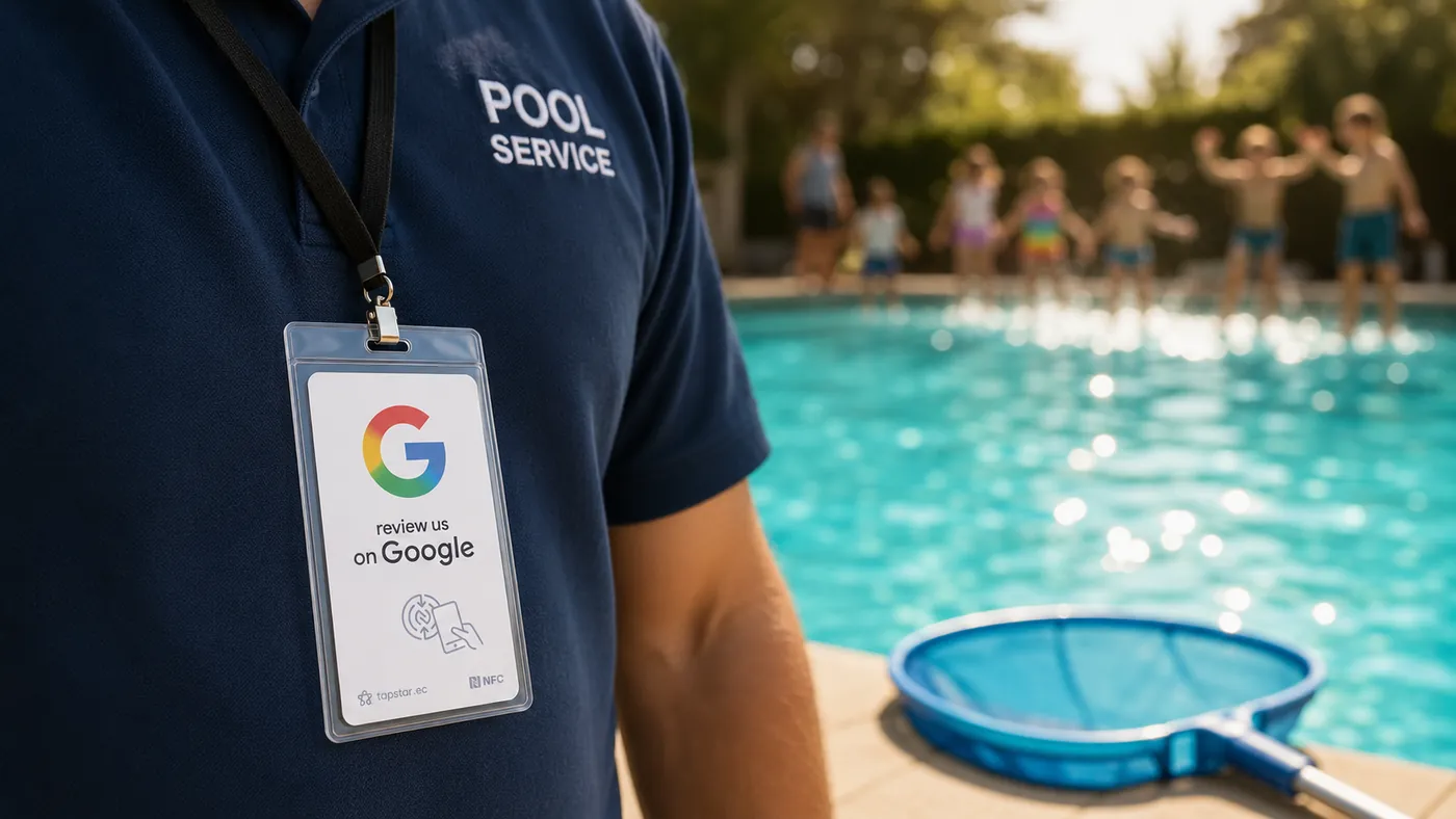 Familia feliz lista para el primer chapuzón en una piscina recién entregada en Ecuador, con una tarjeta Tapstar junto al borde para dejar una reseña en Google.