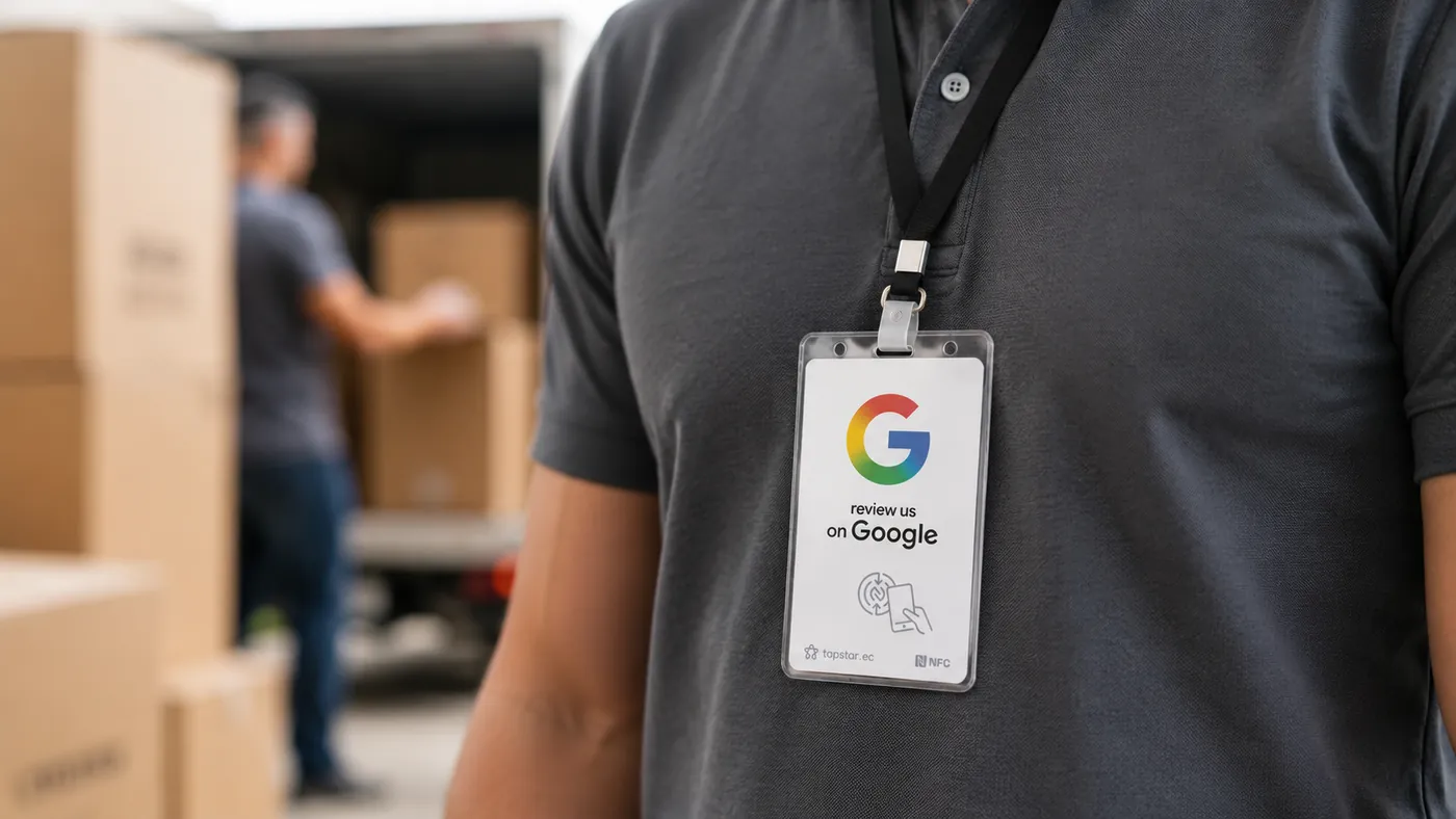 Equipo de mudanzas en Ecuador entregando las últimas cajas a una familia feliz en su nuevo hogar, con una tarjeta Tapstar para dejar una reseña en Google.