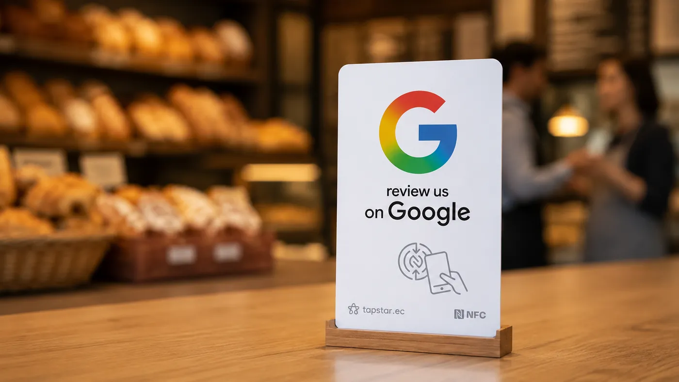 Clienta feliz recogiendo una torta de cumpleaños en una pastelería ecuatoriana y dejando una reseña en Google con un toque a una tarjeta Tapstar en el mostrador.