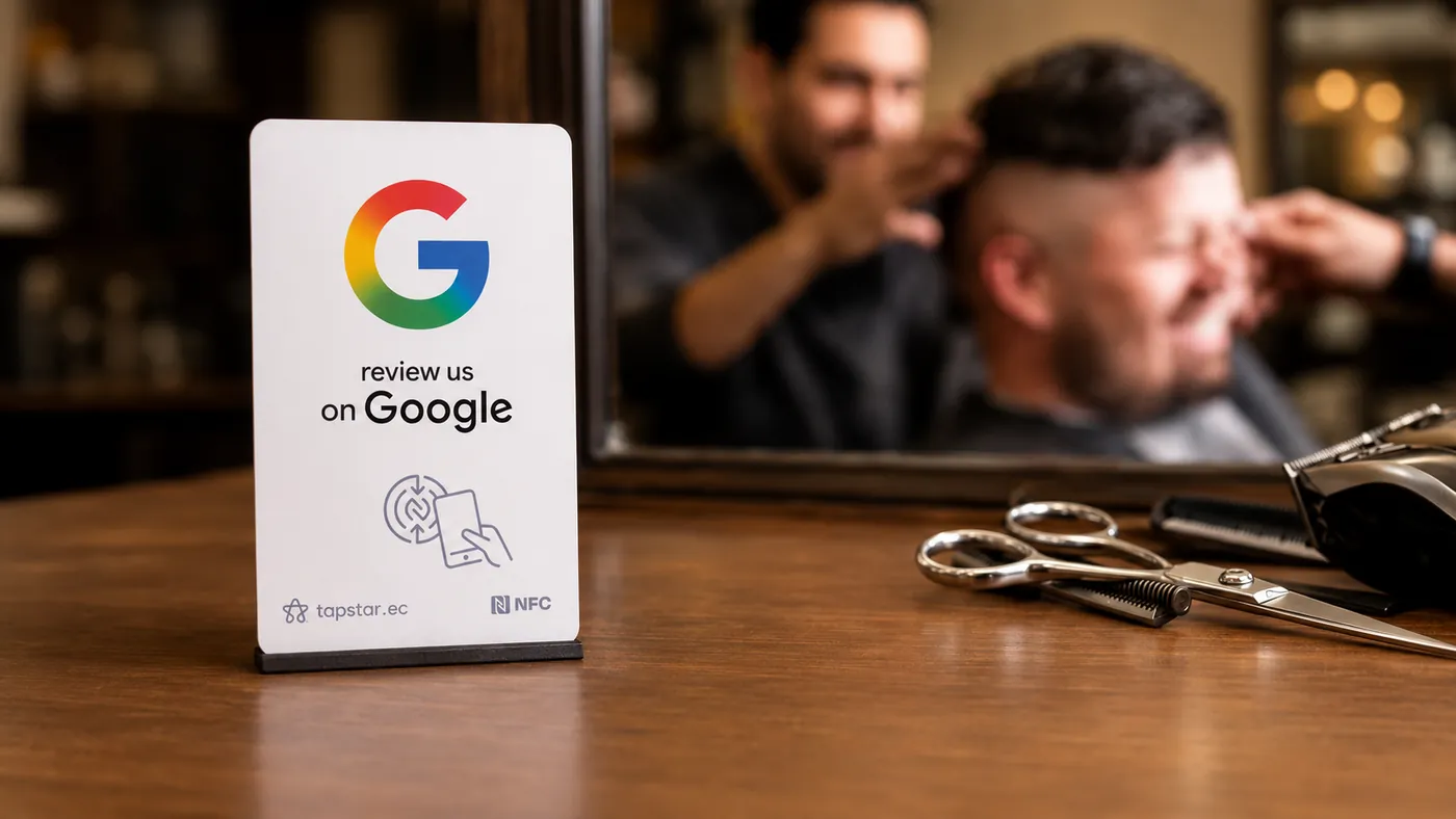 Barbero girando la silla hacia el espejo mientras el cliente, feliz con su corte, deja una reseña en Google con un toque a una tarjeta Tapstar en la estación.
