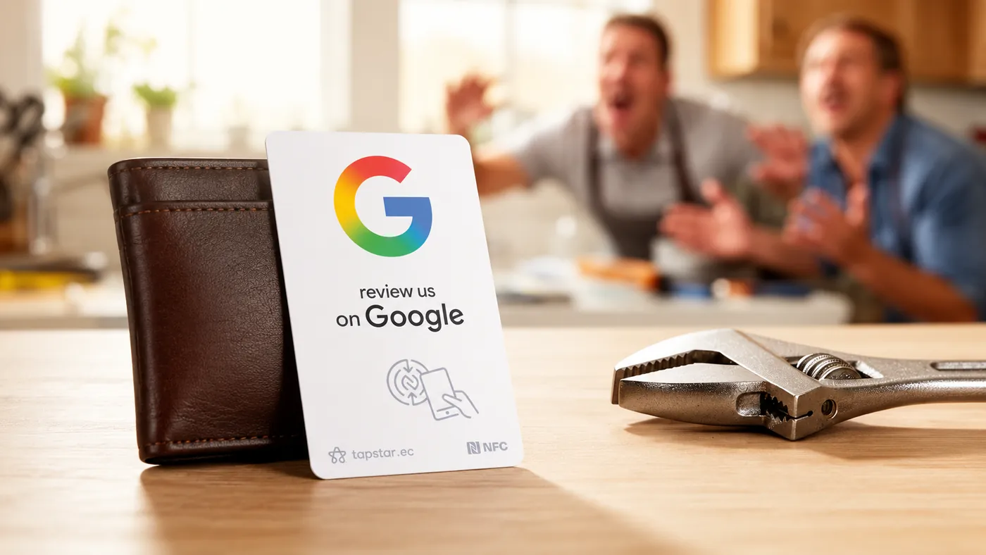 Plomero en Ecuador recibiendo el agradecimiento de una clienta aliviada tras reparar una fuga, con una tarjeta Tapstar para dejar una reseña en Google.