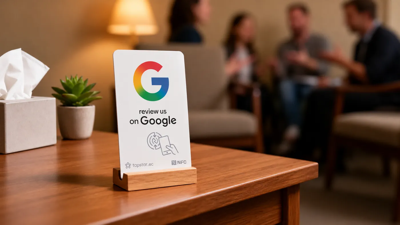 Consultorio de terapia cálido y discreto en Ecuador con una tarjeta Tapstar sobre una mesa lateral para dejar una reseña en Google; ambiente íntimo, sin rostros.
