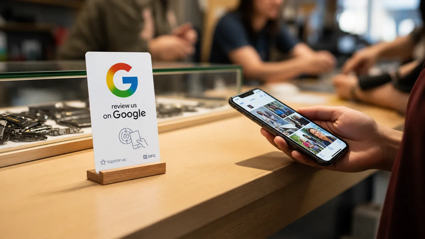 Técnico entregando un celular reparado a una clienta aliviada en un local de servicio técnico en Ecuador, con una tarjeta Tapstar en el mostrador para dejar una reseña en Google.