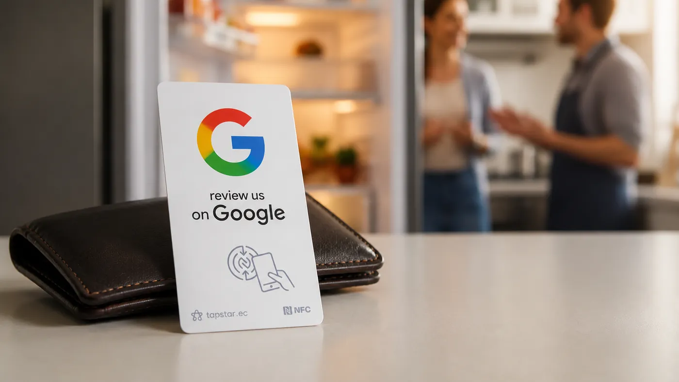 Técnico en Ecuador mostrando a una clienta su refrigeradora funcionando de nuevo, con una tarjeta Tapstar sobre el mesón para dejar una reseña en Google.