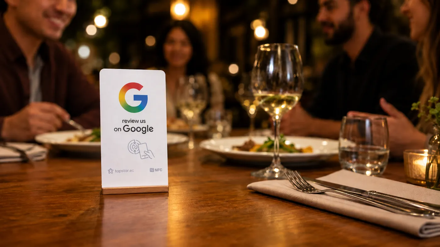 Mesero de un restaurante en Ecuador acercando una tarjeta Tapstar a una mesa de clientes felices que dejan una reseña en Google con el celular.