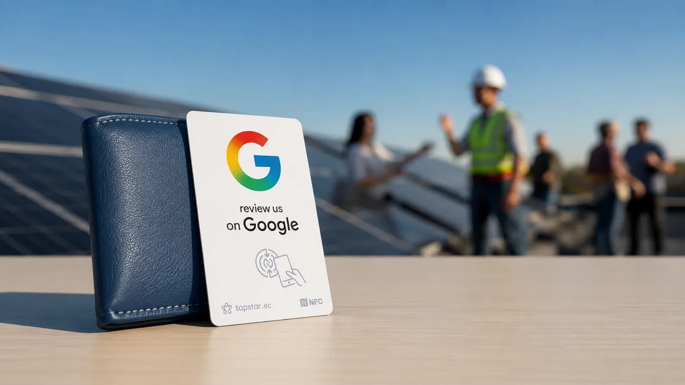 Instalador mostrando a un cliente la producción de sus paneles solares recién activados en el techo de su casa en Ecuador, con una tarjeta Tapstar para dejar una reseña en Google.