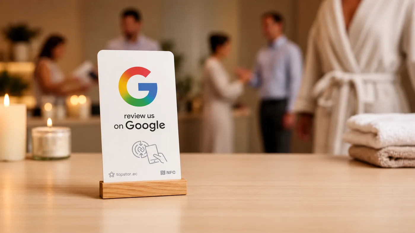 Clienta relajada en la recepción serena de un spa en Ecuador, dejando una reseña en Google con un toque a una tarjeta Tapstar; tonos suaves y luz cálida.
