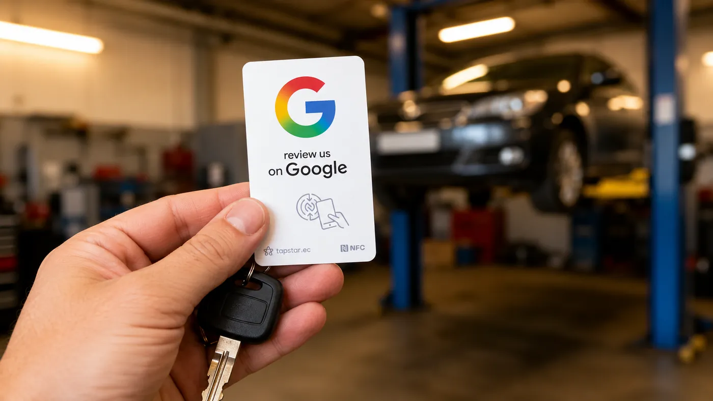 Mecánico en Ecuador entregando las llaves del auto reparado a un cliente que deja una reseña en Google con un toque a una tarjeta Tapstar en el taller.