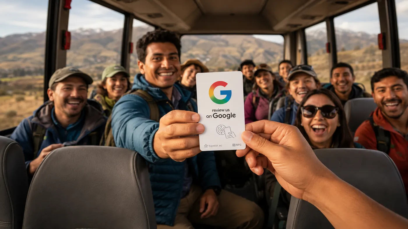 Guía turístico en Ecuador despidiendo a un grupo de viajeros felices al final de un tour, con una tarjeta Tapstar en mano para dejar reseñas en Google.