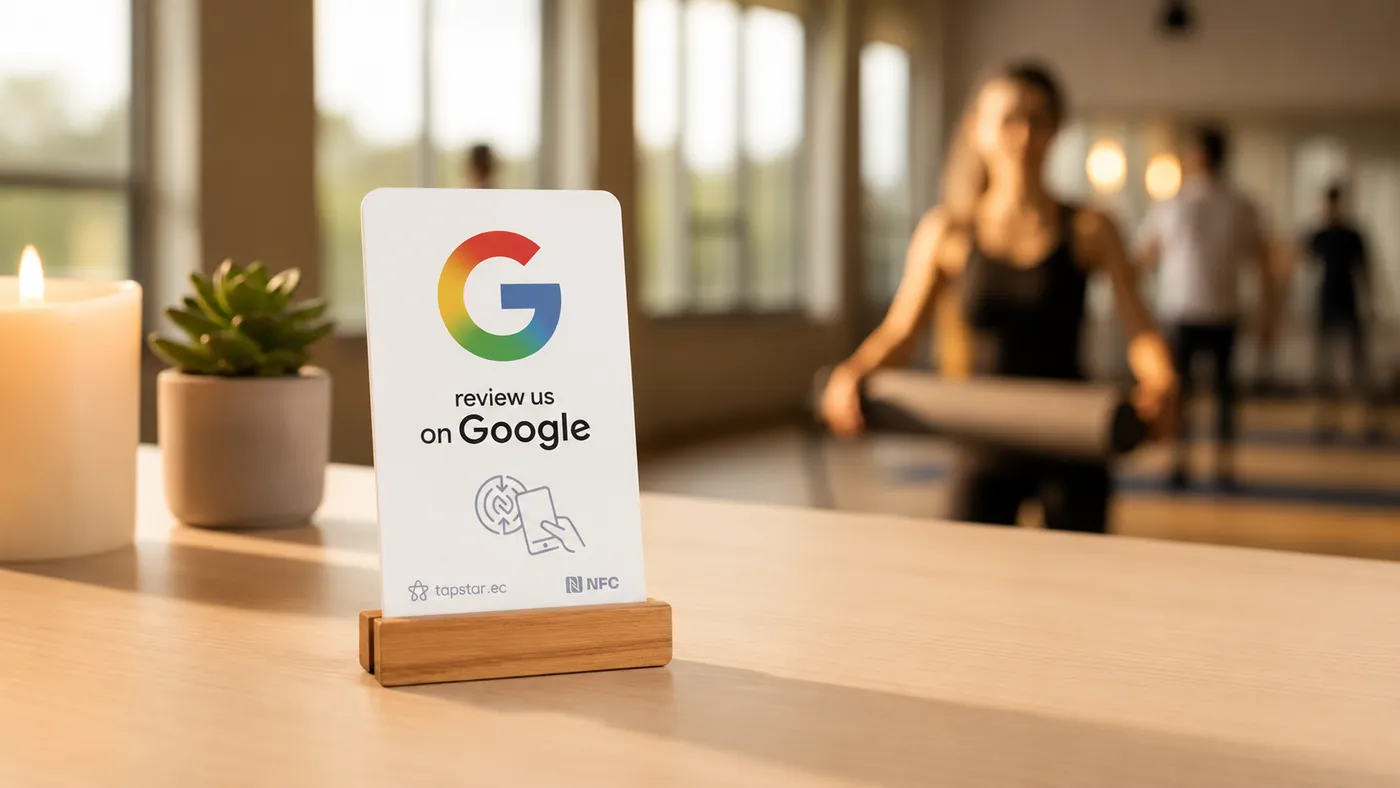 Alumna serena saliendo de una clase en un estudio de yoga luminoso en Ecuador, dejando una reseña en Google con un toque a una tarjeta Tapstar en recepción.