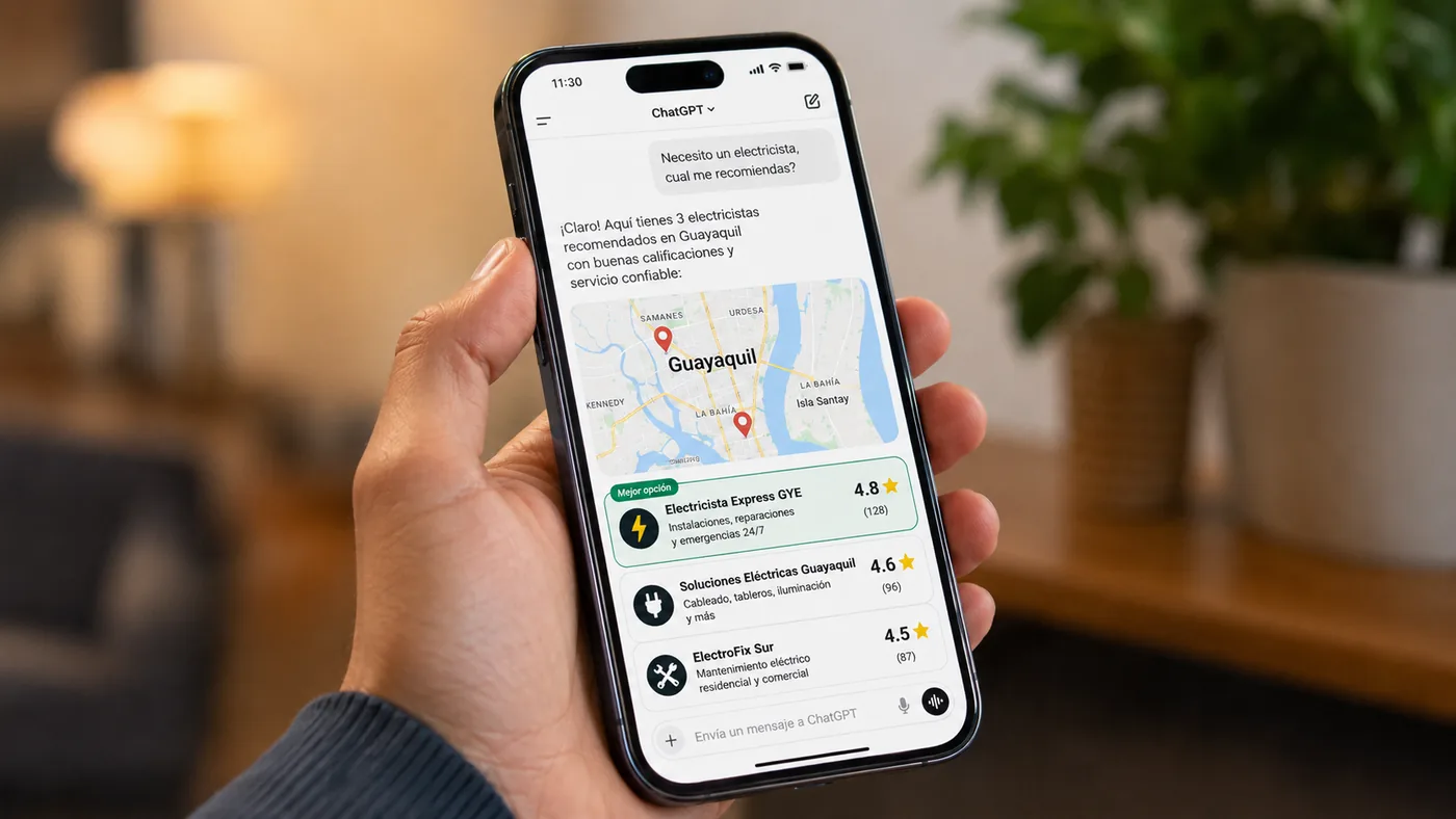 Una mano sostiene un celular donde ChatGPT recomienda tres electricistas de Guayaquil con sus calificaciones