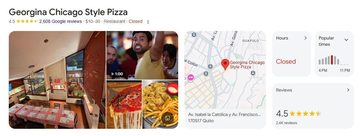 Ficha de Georgina Chicago Style Pizza en Google: 4,5 estrellas con 2.608 reseñas, fotos del local, ubicación en el mapa de Quito, horarios y horas concurridas
