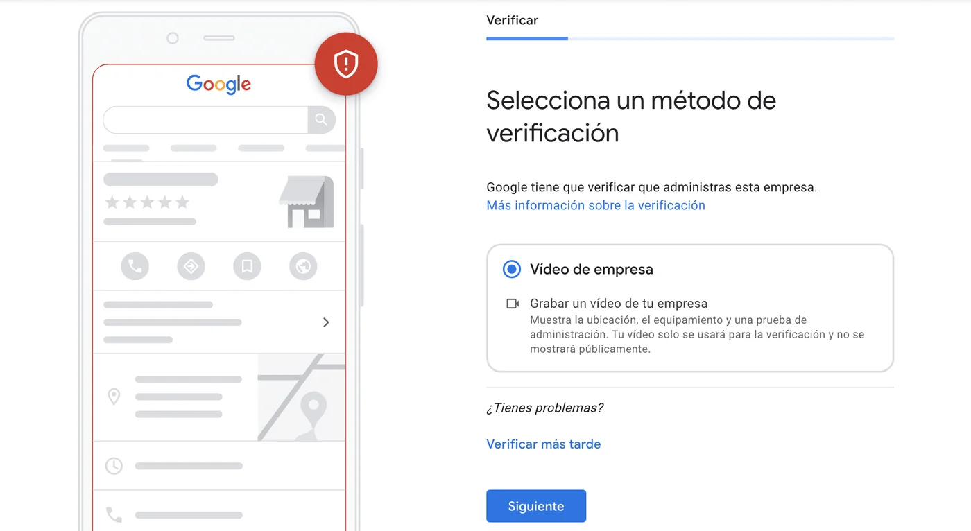 Pantalla de Perfil de Empresa en Google «Selecciona un método de verificación», con la opción Vídeo de empresa: grabar un vídeo que muestre la ubicación, el equipamiento y una prueba de administración