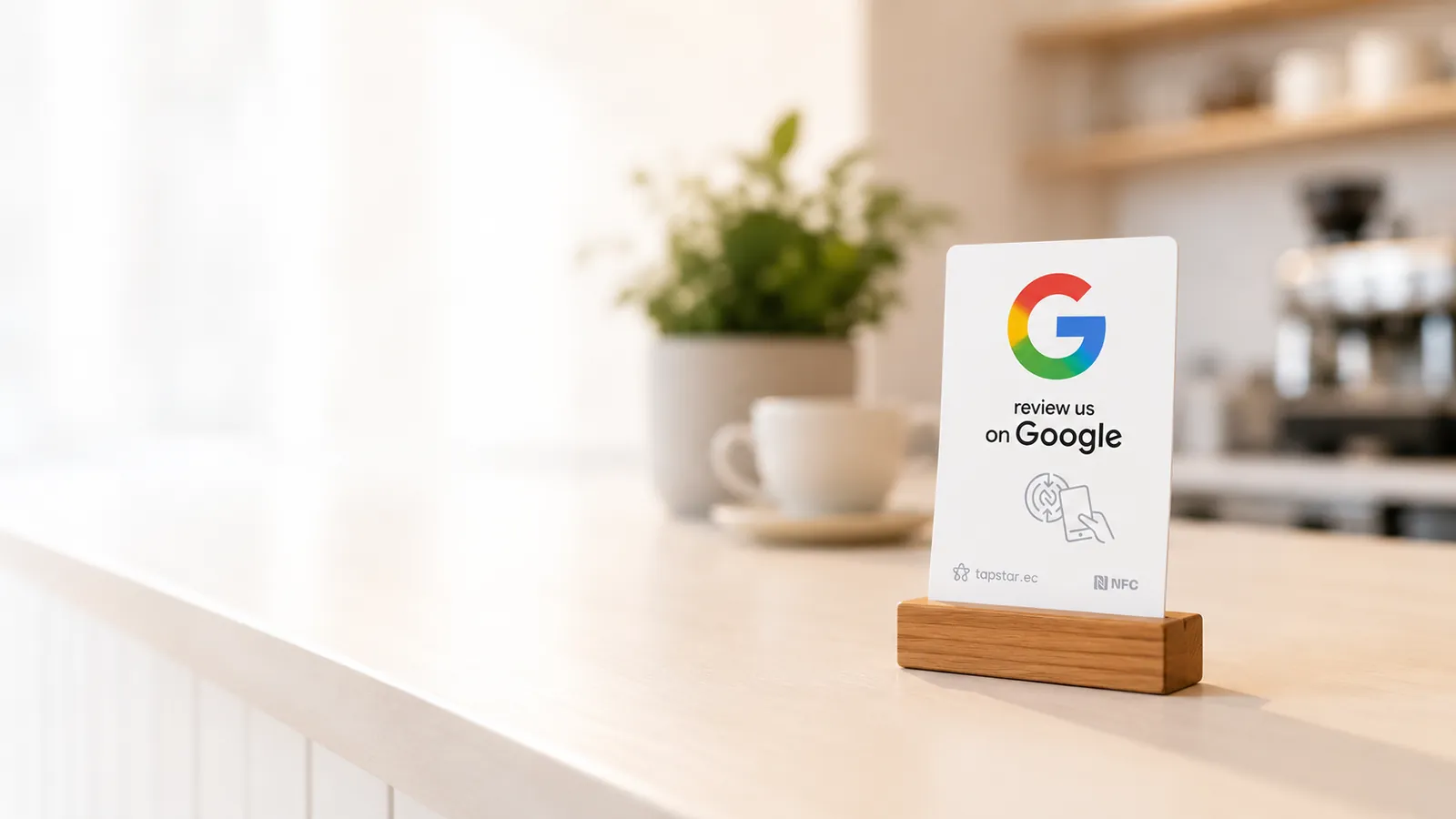 Tapstar en el mostrador de una cafetería en Ecuador, con la tarjeta de reseñas de Google en su soporte de madera